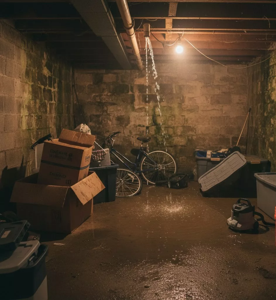 Inondation et eau stagnante au sol dans une cave de maison familiale suite à une fuite bruxelles-ville