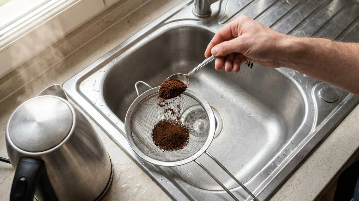 Marc de café bloqué dans un évier - Risque bouchon