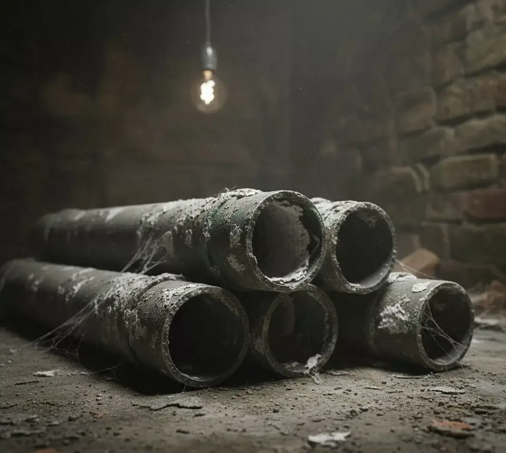 Ancienne tuyauterie en plomb usagée et oxydée dans un sous-sol - schaerbeek