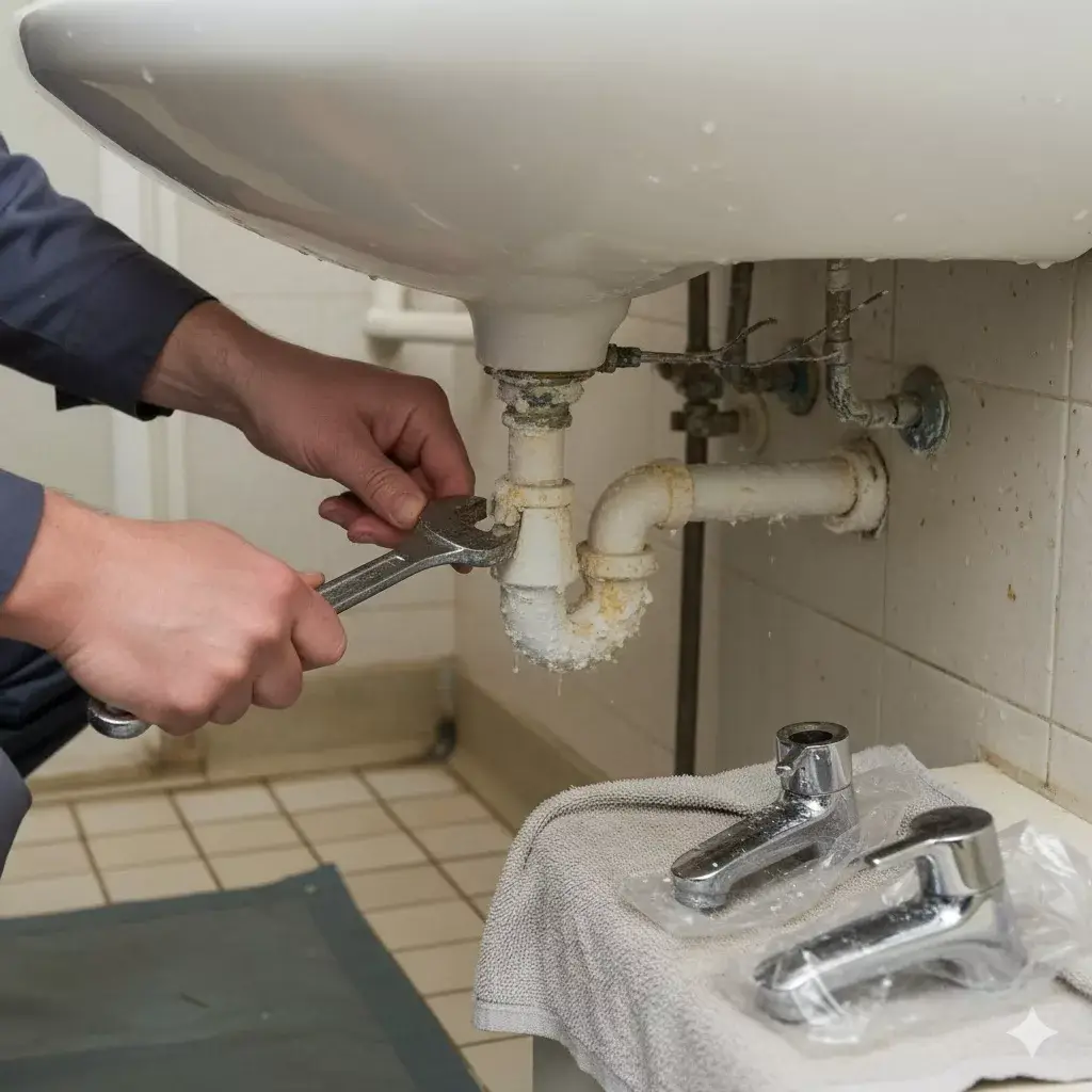 Démontage d'un ancien robinet de cuisine recouvert de dépôts de calcaire